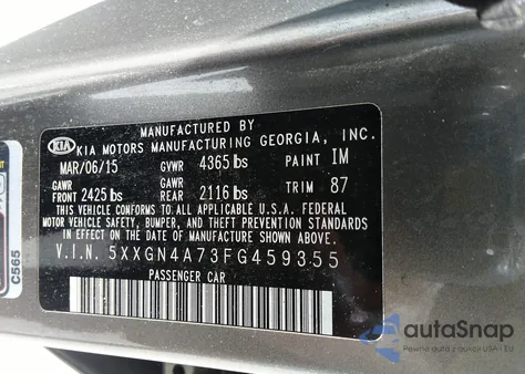 2015 Kia Optima Ex z USA, uszkodzony, nr VIN 5XXGN4A73FG459355